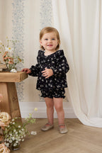 Bloomer Bébé Fille 0-3 Ans en Coton Bio Volanté Noir Cassis et Floral Vintage avec Nœud à Cordon de Serrage