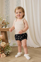 Bloomer Bébé Fille 0-3 Ans en Coton Bio Volanté Noir Cassis et Floral Vintage avec Nœud à Cordon de Serrage