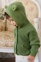 Cardigan ludique en maille de coton vert matcha pour filles de 0 à 6 ans, avec capuche à oreilles d'ours, poches avant et boutons