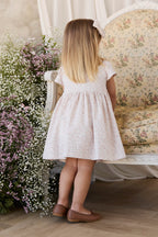 Robe Romantique Crème Florale en Coton Bio-Élasthanne avec Boutons en Noix de Coco et Manches Volantées pour Filles 6M–10A