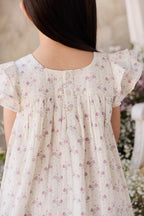 Robe Fleurie Lilas Fluide en Coton Biologique avec Corsage Froncé et Manches Volantes pour Filles 6M–10A