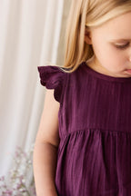 Robe en mousseline biologique vintage motif figue avec dentelle, manches volantées et jupe froncée pour filles de 6 mois à 8 ans