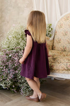 Robe en mousseline biologique vintage motif figue avec dentelle, manches volantées et jupe froncée pour filles de 6 mois à 8 ans