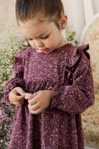 Robe Fille en Coton Bio Imprimé Figues Florales Vintage, Col Volanté et Manches Longues 6M-10A
