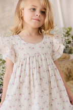Robe Fleurie Lilas Fluide en Coton Biologique avec Corsage Froncé et Manches Volantes pour Filles 6M–10A