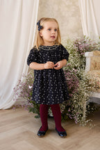 Robe classique en coton biologique bleu marine à fleurs avec manches bouffantes et encolure froncée pour filles de 6 mois à 8 ans
