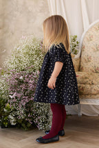 Robe classique en coton biologique bleu marine à fleurs avec manches bouffantes et encolure froncée pour filles de 6 mois à 8 ans