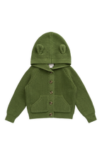 Cardigan ludique en maille de coton vert matcha pour filles de 0 à 6 ans, avec capuche à oreilles d'ours, poches avant et boutons