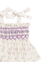 Haut en coton biologique lilas fleuri, léger avec corsage froncé et bretelles réglables à nouer pour filles de 6 mois à 10 ans