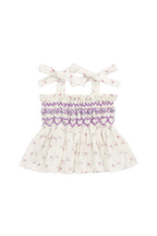Haut en coton biologique lilas fleuri, léger avec corsage froncé et bretelles réglables à nouer pour filles de 6 mois à 10 ans
