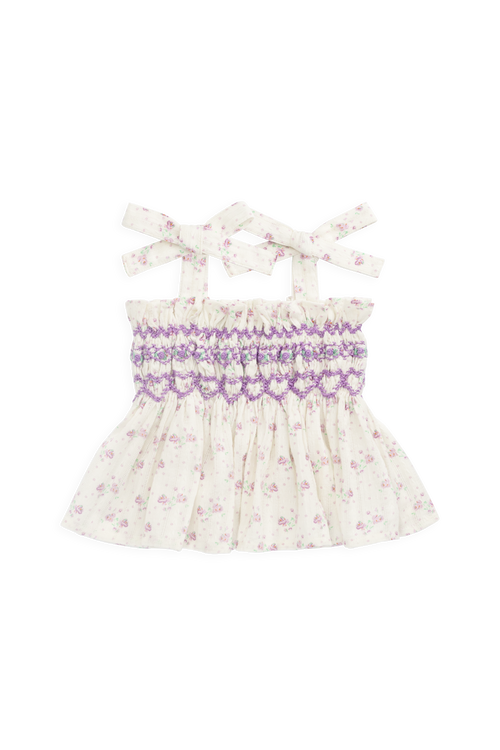Haut en coton biologique lilas fleuri, léger avec corsage froncé et bretelles réglables à nouer pour filles de 6 mois à 10 ans
