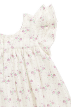 Robe Fleurie Lilas Fluide en Coton Biologique avec Corsage Froncé et Manches Volantes pour Filles 6M–10A