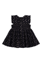 Élégante robe en coton biologique bleu marine à motif floral avec corsage smocké et épaules à volants pour filles de 6 mois à 10 ans