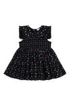Élégante robe en coton biologique bleu marine à motif floral avec corsage smocké et épaules à volants pour filles de 6 mois à 10 ans