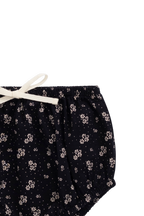Bloomer bébé fille en coton bio bleu marine fleuri, taille et cuisses élastiquées, nouveau-né à 2 ans