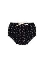 Bloomer bébé fille en coton bio bleu marine fleuri, taille et cuisses élastiquées, nouveau-né à 2 ans