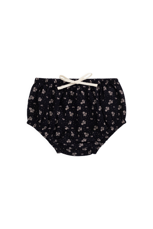 Bloomer bébé fille en coton bio bleu marine fleuri, taille et cuisses élastiquées, nouveau-né à 2 ans