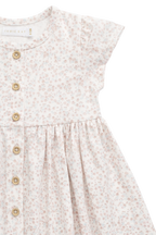 Robe Romantique Crème Florale en Coton Bio-Élasthanne avec Boutons en Noix de Coco et Manches Volantées pour Filles 6M–10A