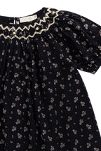Robe classique en coton biologique bleu marine à fleurs avec manches bouffantes et encolure froncée pour filles de 6 mois à 8 ans