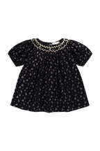 Robe classique en coton biologique bleu marine à fleurs avec manches bouffantes et encolure froncée pour filles de 6 mois à 8 ans