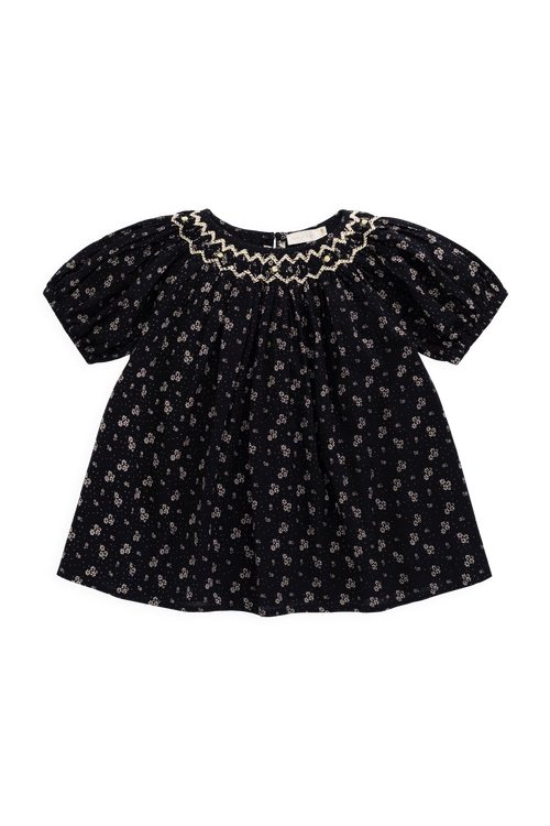 Robe classique en coton biologique bleu marine à fleurs avec manches bouffantes et encolure froncée pour filles de 6 mois à 8 ans