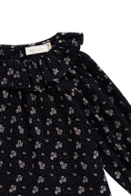 Haut fleuri bleu marine vintage en coton bio avec col à volants et manches longues pour bébés filles 0-2 ans