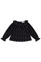 Haut fleuri bleu marine vintage en coton bio avec col à volants et manches longues pour bébés filles 0-2 ans