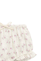 Bloomer en coton biologique à motif floral lilas romantique avec ouvertures volantées aux jambes et taille élastiquée pour bébés filles de 0 à 3 ans