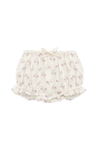 Bloomer en coton biologique à motif floral lilas romantique avec ouvertures volantées aux jambes et taille élastiquée pour bébés filles de 0 à 3 ans