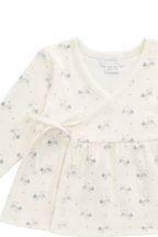 Haut cache-cœur en maille piquée de coton biologique et élasthanne à motif floral romantique, avec liens latéraux, pour bébés filles de la naissance à 2 ans