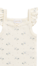 Body en coton-élasthanne pointelle biologique à motif floral bleu, avec bretelles à volants et boutons-pression, pour bébés filles de 0 à 2 ans