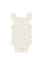Body en coton-élasthanne pointelle biologique à motif floral bleu, avec bretelles à volants et boutons-pression, pour bébés filles de 0 à 2 ans