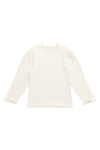 Haut à manches longues en coton pointelle biologique et élasthanne pour filles 6 mois-8 ans, coloris parchemin raffiné, avec bordure festonnée