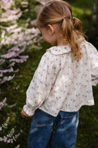 Haut romantique en coton biologique lilas à motif floral avec col à volants et manches froncées pour filles de 0 à 10 ans