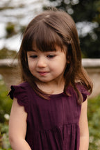 Robe en mousseline biologique vintage motif figue avec dentelle, manches volantées et jupe froncée pour filles de 6 mois à 8 ans
