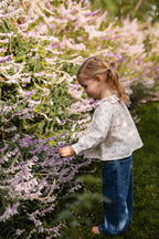 Haut romantique en coton biologique lilas à motif floral avec col à volants et manches froncées pour filles de 0 à 10 ans