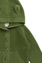 Cardigan ludique en maille de coton vert matcha pour filles de 0 à 6 ans, avec capuche à oreilles d'ours, poches avant et boutons