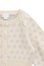 Cardigan en maille de coton à fleurs vanille romantique pour fille 6 mois-10 ans avec manches froncées et fermeture boutonnée sur le devant
