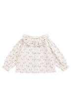 Haut romantique en coton biologique lilas à motif floral avec col à volants et manches froncées pour filles de 0 à 10 ans