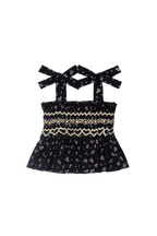 Haut en coton bio ample marine à motif floral avec corsage froncé et bretelles à nouer réglables pour filles de 0 à 10 ans