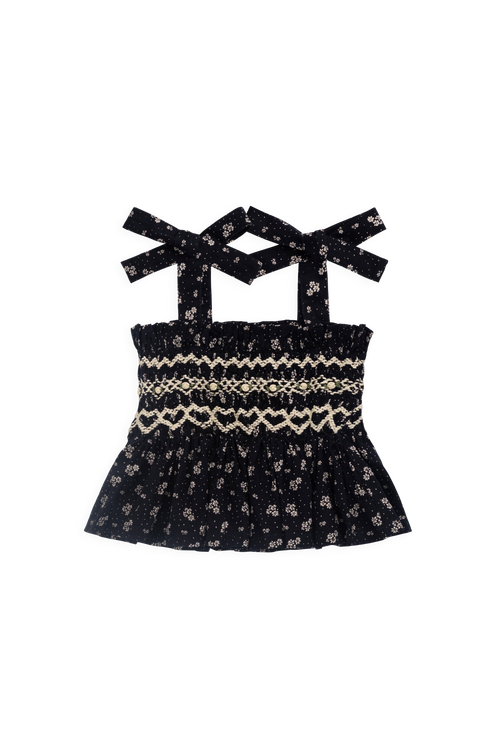 Haut en coton bio ample marine à motif floral avec corsage froncé et bretelles à nouer réglables pour filles de 0 à 10 ans