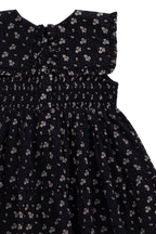 Élégante robe en coton biologique bleu marine à motif floral avec corsage smocké et épaules à volants pour filles de 6 mois à 10 ans
