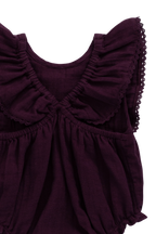 Barboteuse en mousseline biologique à volants Figue romantique avec boutons-pression pour bébés filles 0–3 ans