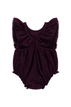 Barboteuse en mousseline biologique à volants Figue romantique avec boutons-pression pour bébés filles 0–3 ans