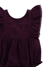 Barboteuse en mousseline biologique à volants Figue romantique avec boutons-pression pour bébés filles 0–3 ans