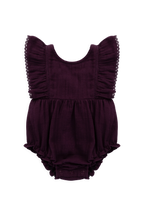 Barboteuse en mousseline biologique à volants Figue romantique avec boutons-pression pour bébés filles 0–3 ans