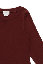 Haut à manches longues col rond en coton biologique et élasthanne bordeaux classique pour filles de 1 à 14 ans