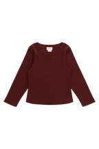 Haut à manches longues col rond en coton biologique et élasthanne bordeaux classique pour filles de 1 à 14 ans