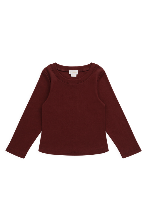 Haut à manches longues col rond en coton biologique et élasthanne bordeaux classique pour filles de 1 à 14 ans